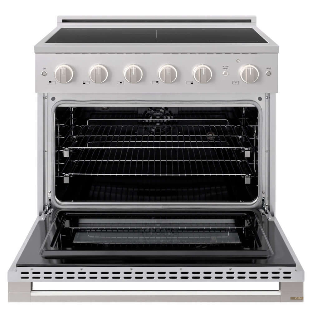 ZLINE 36 in. 5.2 cu. ft. Marino Induction Range with 5 Element Cooktop and Electric Convection Oven in Stainless Steel (MINR36) front, oven open.