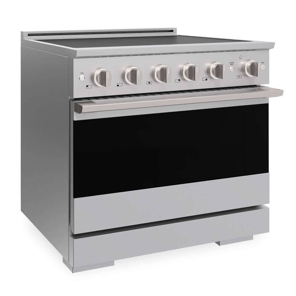 ZLINE 36 in. 5.2 cu. ft. Marino Induction Range with 5 Element Cooktop and Electric Convection Oven in Stainless Steel (MINR36) side.