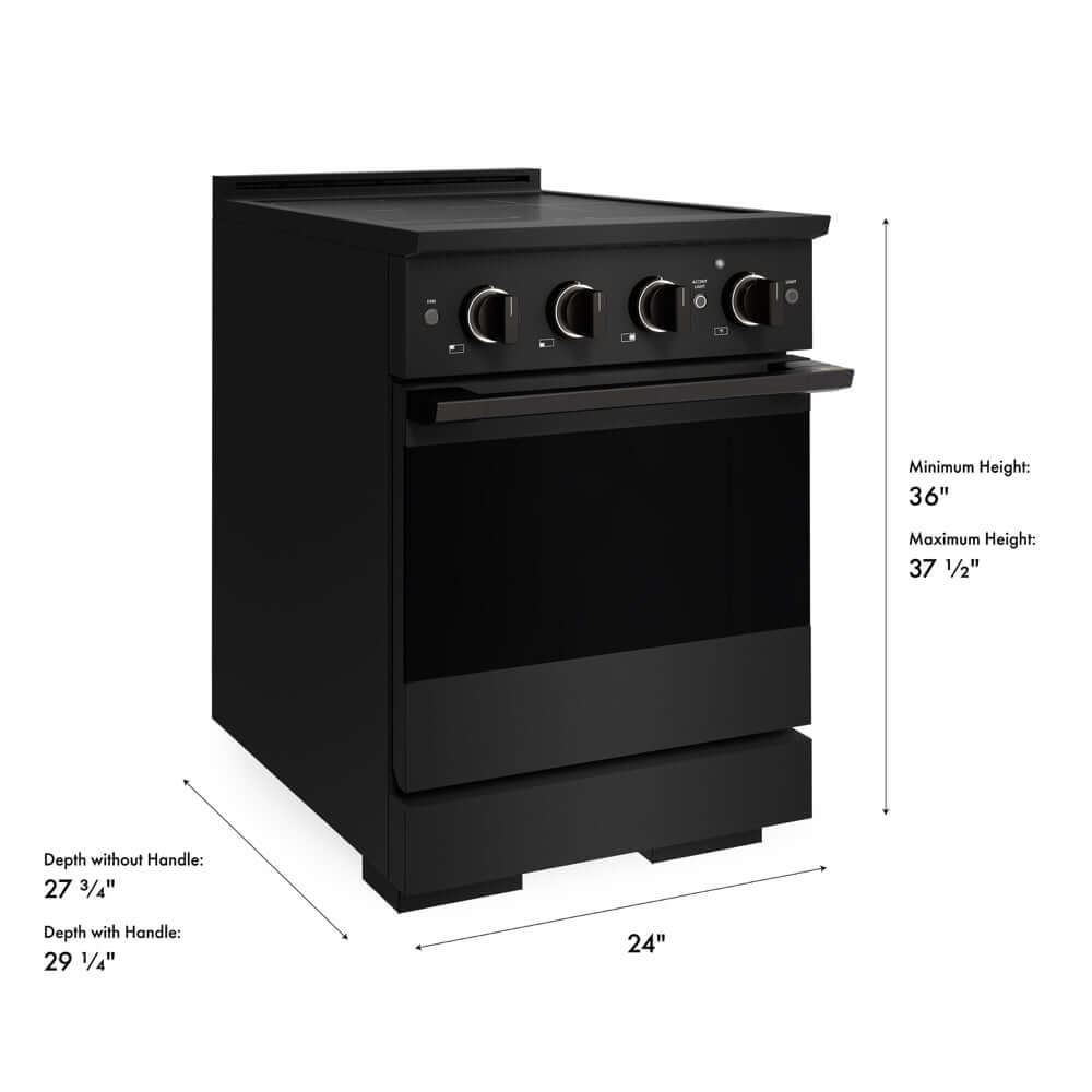 ZLINE 24 in. 3.2 cu. ft. Marino Induction Range with 3 Element Cooktop and Electric Convection Oven in Black Stainless Steel (MINRB-24) with dimensions labeled.