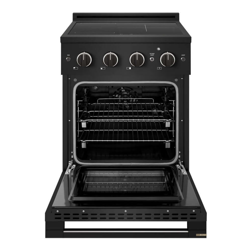 ZLINE 24 in. 3.2 cu. ft. Marino Induction Range with 3 Element Cooktop and Electric Convection Oven in Black Stainless Steel (MINRB-24) front, oven open.