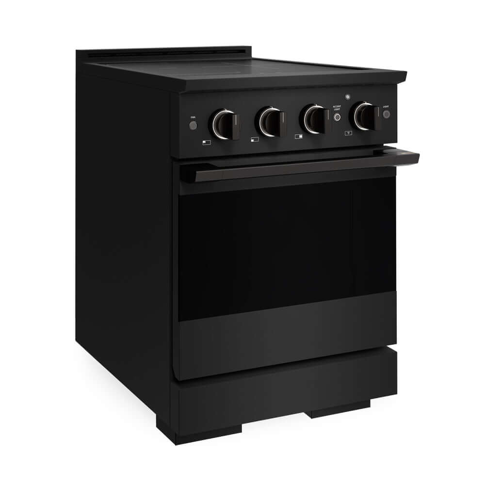 ZLINE 24 in. 3.2 cu. ft. Marino Induction Range with 3 Element Cooktop and Electric Convection Oven in Black Stainless Steel (MINRB-24) side.