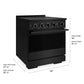 ZLINE 30 in. 4.2 cu. ft. Marino Induction Range with 4 Element Cooktop and Electric Convection Oven in Black Stainless Steel (MINRB-30) with dimensions labeled.