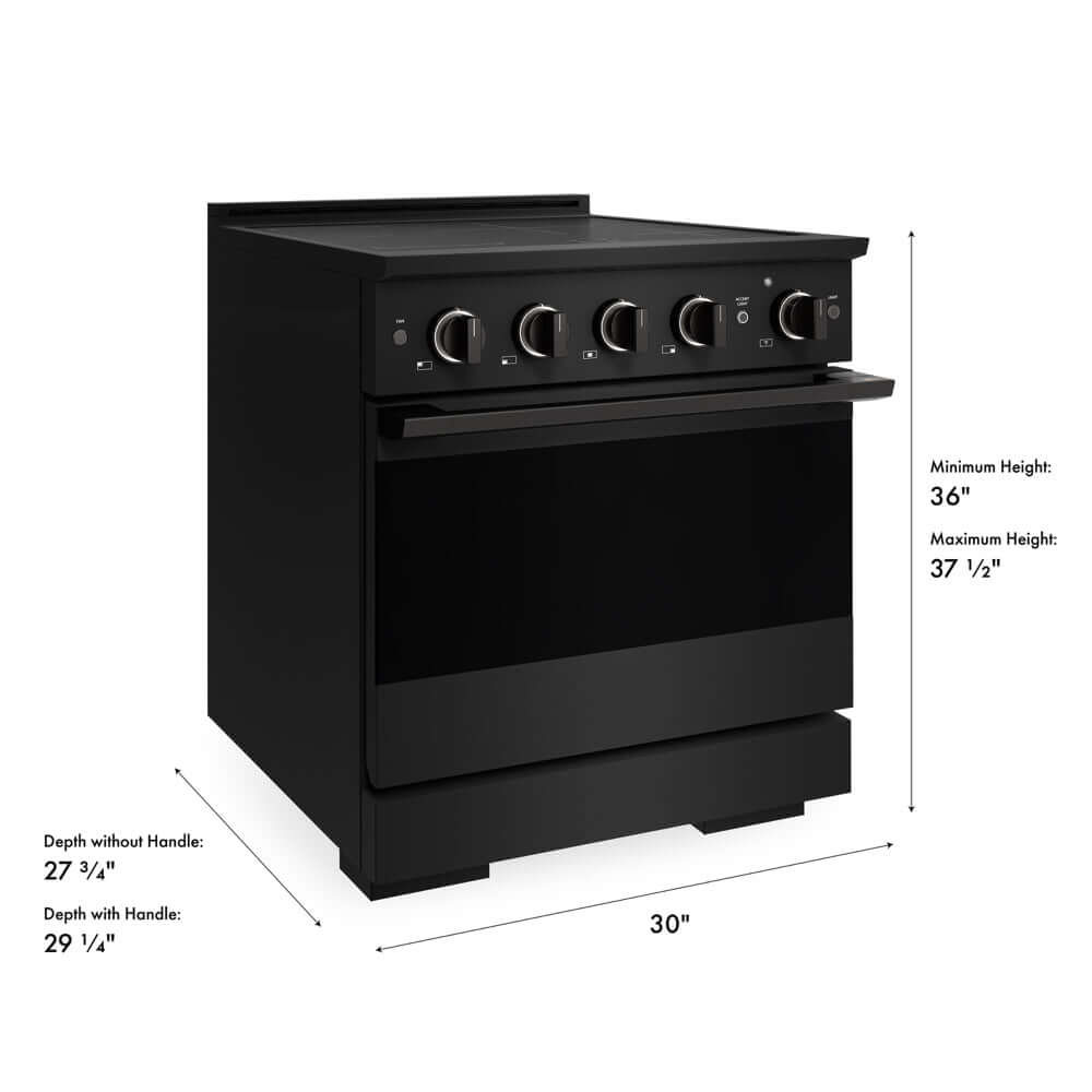 ZLINE 30 in. 4.2 cu. ft. Marino Induction Range with 4 Element Cooktop and Electric Convection Oven in Black Stainless Steel (MINRB-30) with dimensions labeled.