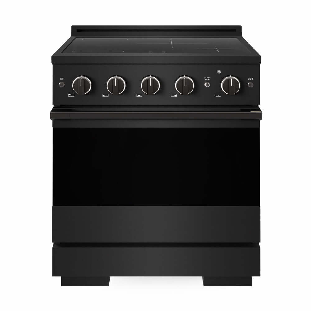 ZLINE 30 in. 4.2 cu. ft. Marino Induction Range with 4 Element Cooktop and Electric Convection Oven in Black Stainless Steel (MINRB-30) front, oven closed.