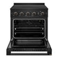 ZLINE 30 in. 4.2 cu. ft. Marino Induction Range with 4 Element Cooktop and Electric Convection Oven in Black Stainless Steel (MINRB-30) front, oven open.