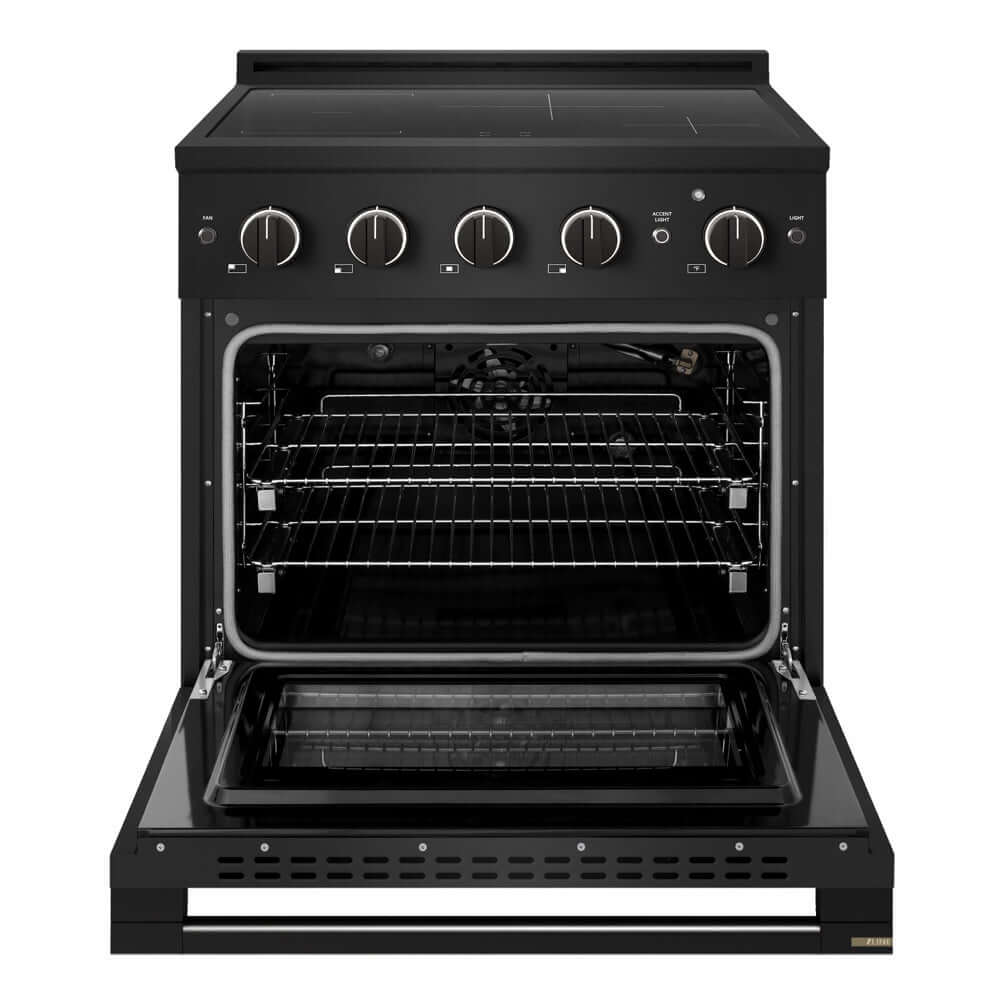 ZLINE 30 in. 4.2 cu. ft. Marino Induction Range with 4 Element Cooktop and Electric Convection Oven in Black Stainless Steel (MINRB-30) front, oven open.