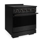 ZLINE 30 in. 4.2 cu. ft. Marino Induction Range with 4 Element Cooktop and Electric Convection Oven in Black Stainless Steel (MINRB-30) side.