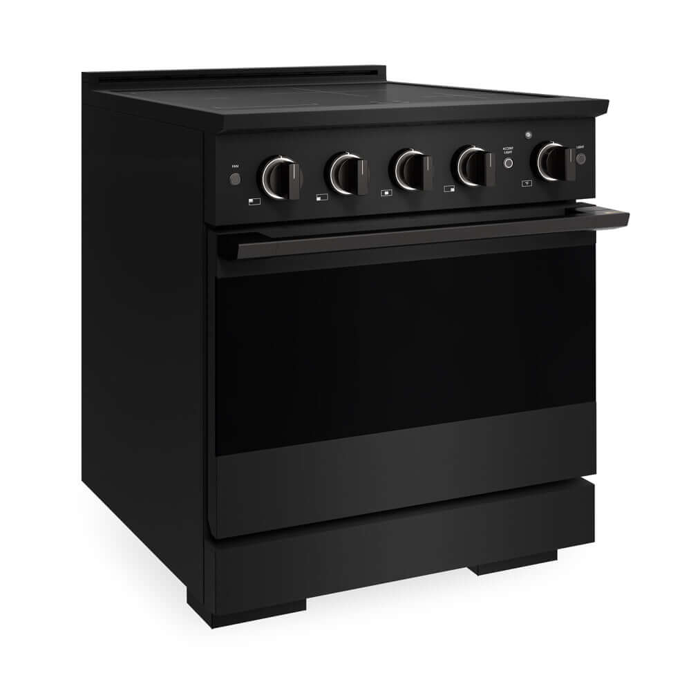 ZLINE 30 in. 4.2 cu. ft. Marino Induction Range with 4 Element Cooktop and Electric Convection Oven in Black Stainless Steel (MINRB-30) side.