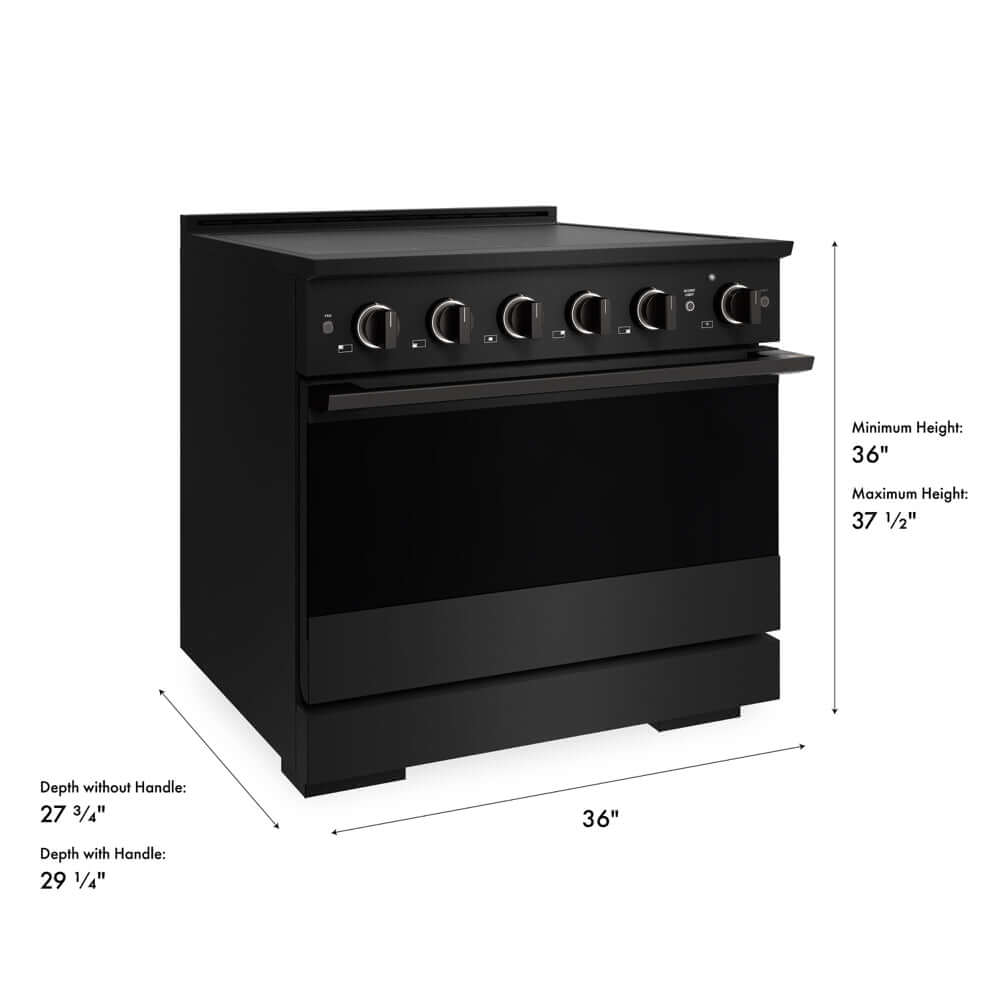 ZLINE 36 in. 5.2 cu. ft. Marino Induction Range with 5 Element Cooktop and Electric Convection Oven in Black Stainless Steel (MINRB-36) with dimensions labeled.