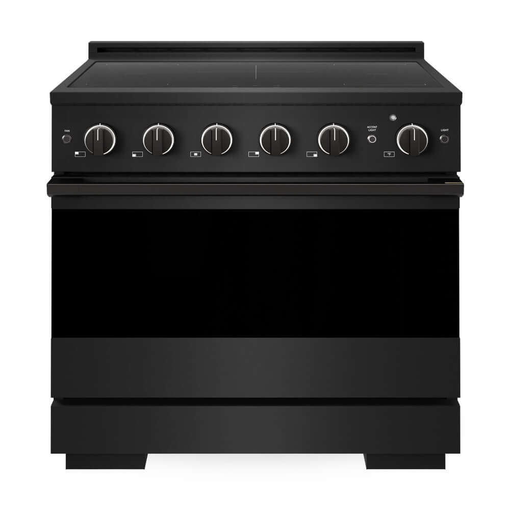 ZLINE 36 in. 5.2 cu. ft. Marino Induction Range with 5 Element Cooktop and Electric Convection Oven in Black Stainless Steel (MINRB-36) front, oven closed.