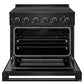 ZLINE 36 in. 5.2 cu. ft. Marino Induction Range with 5 Element Cooktop and Electric Convection Oven in Black Stainless Steel (MINRB-36) front, oven open.