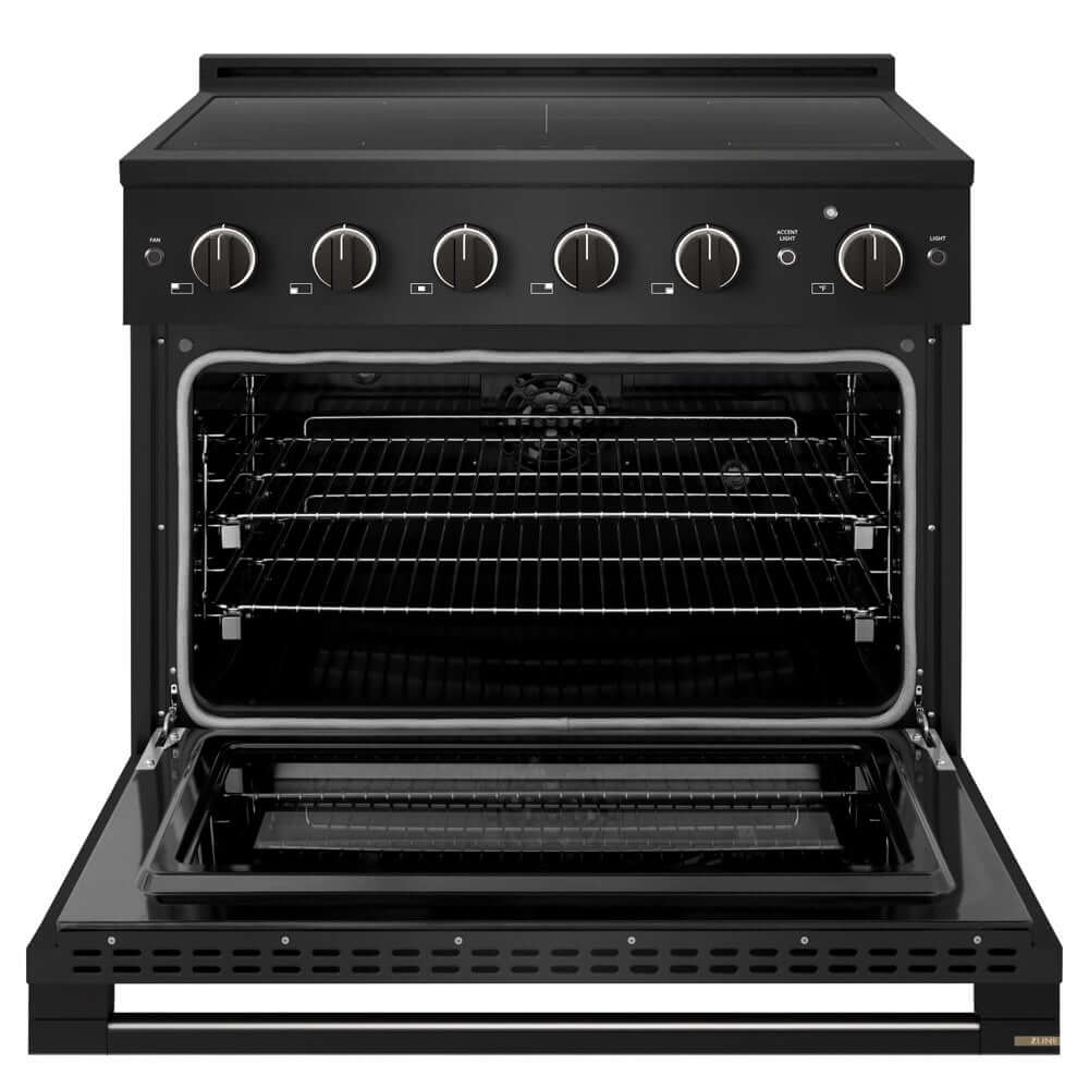ZLINE 36 in. 5.2 cu. ft. Marino Induction Range with 5 Element Cooktop and Electric Convection Oven in Black Stainless Steel (MINRB-36) front, oven open.