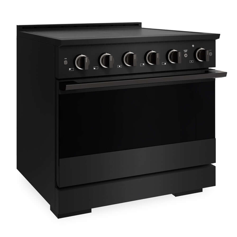 ZLINE 36 in. 5.2 cu. ft. Marino Induction Range with 5 Element Cooktop and Electric Convection Oven in Black Stainless Steel (MINRB-36) side.