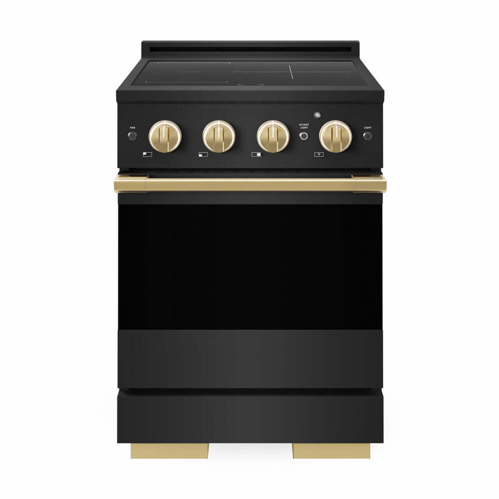 ZLINE Autograph Edition 24 in. 3.2 cu. ft. Marino Induction Range with 3 Element Cooktop and Electric Convection Oven in Black Stainless Steel with Polished Gold Accents (MINRBZ-24-G) front, oven closed.