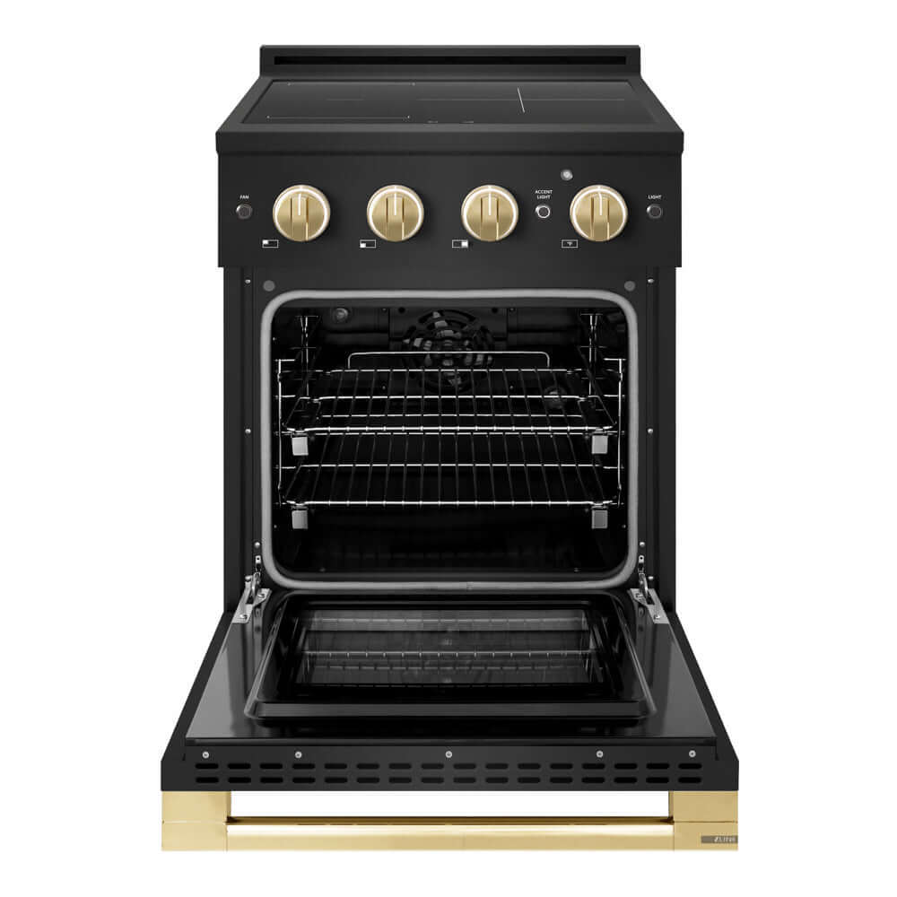 ZLINE Autograph Edition 24 in. 3.2 cu. ft. Marino Induction Range with 3 Element Cooktop and Electric Convection Oven in Black Stainless Steel with Polished Gold Accents (MINRBZ-24-G) front, oven open.
