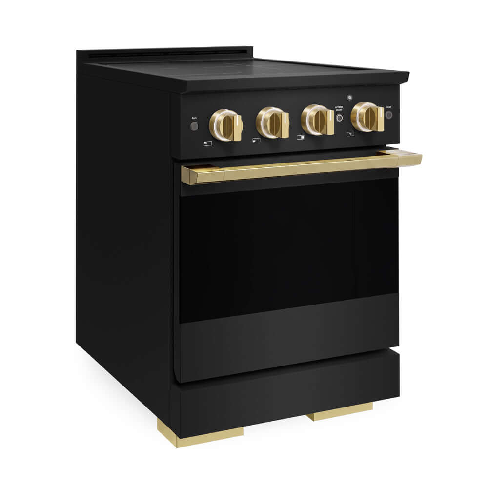ZLINE Autograph Edition 24 in. 3.2 cu. ft. Marino Induction Range with 3 Element Cooktop and Electric Convection Oven in Black Stainless Steel with Polished Gold Accents (MINRBZ-24-G) side.
