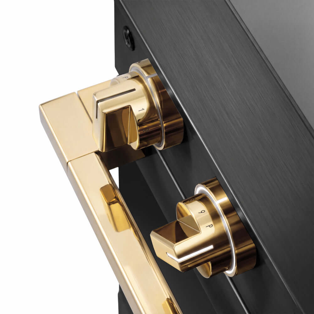 ZLINE Autograph Edition 30 in. 4.2 cu. ft. Marino Induction Range with 4 Element Cooktop and Electric Convection Oven in Black Stainless Steel with Polished Gold Accents (MINRBZ-30-G) close-up, modern oven and cooktop knobs.
