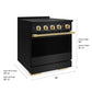 ZLINE Autograph Edition 30 in. 4.2 cu. ft. Marino Induction Range with 4 Element Cooktop and Electric Convection Oven in Black Stainless Steel with Polished Gold Accents (MINRBZ-30-G) with dimensions labeled.