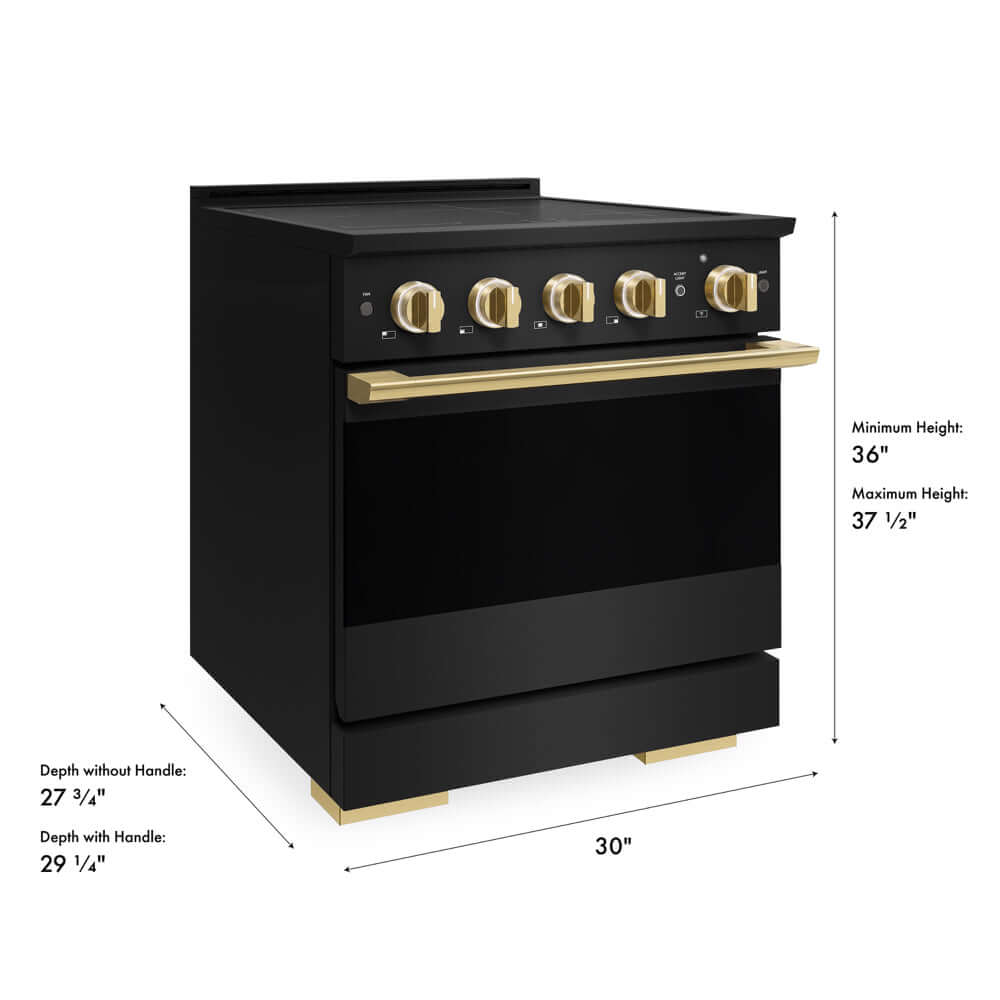 ZLINE Autograph Edition 30 in. 4.2 cu. ft. Marino Induction Range with 4 Element Cooktop and Electric Convection Oven in Black Stainless Steel with Polished Gold Accents (MINRBZ-30-G) with dimensions labeled.