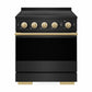 ZLINE Autograph Edition 30 in. 4.2 cu. ft. Marino Induction Range with 4 Element Cooktop and Electric Convection Oven in Black Stainless Steel with Polished Gold Accents (MINRBZ-30-G) front, oven closed.