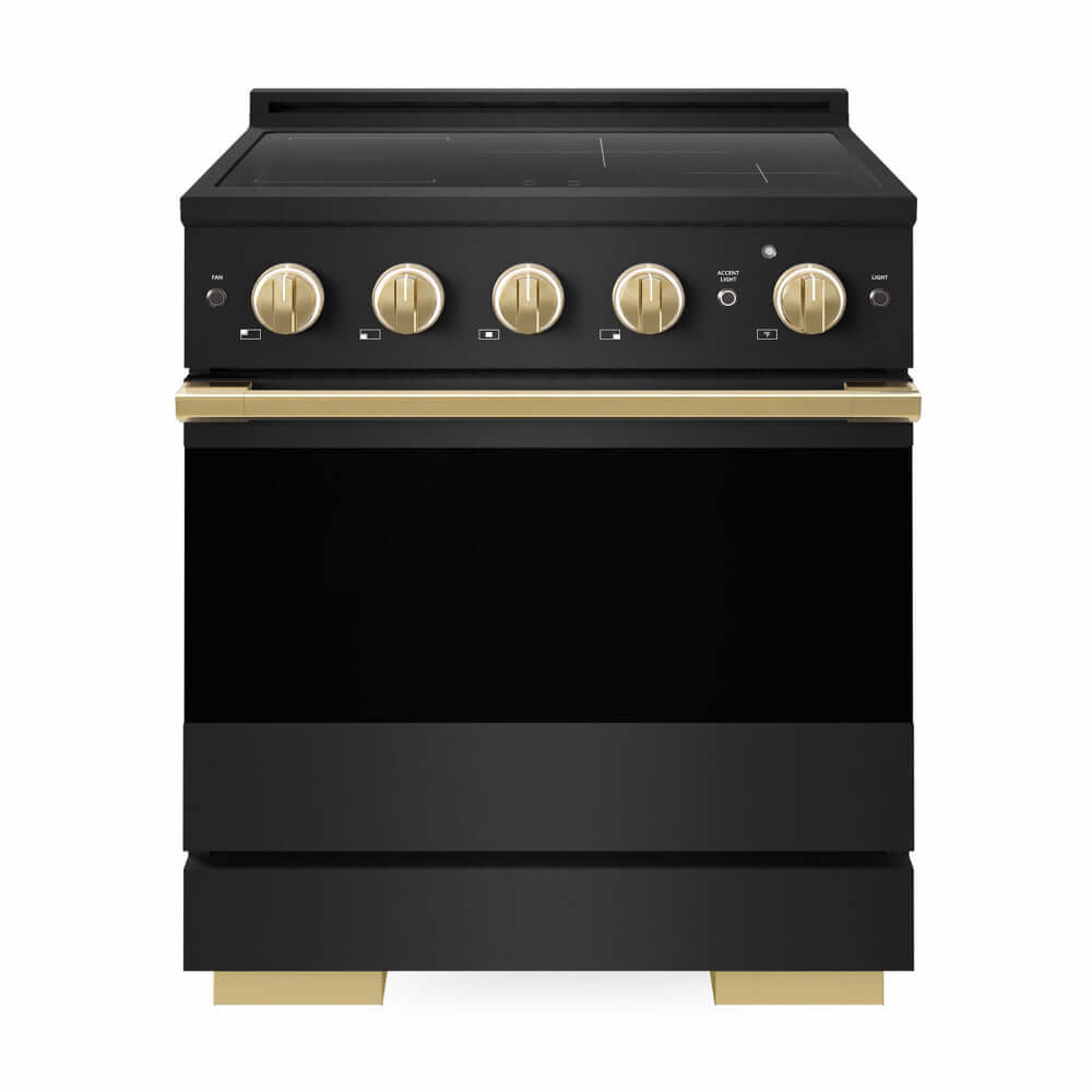 ZLINE Autograph Edition 30 in. 4.2 cu. ft. Marino Induction Range with 4 Element Cooktop and Electric Convection Oven in Black Stainless Steel with Polished Gold Accents (MINRBZ-30-G) front, oven closed.