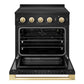 ZLINE Autograph Edition 30 in. 4.2 cu. ft. Marino Induction Range with 4 Element Cooktop and Electric Convection Oven in Black Stainless Steel with Polished Gold Accents (MINRBZ-30-G) front, oven open.