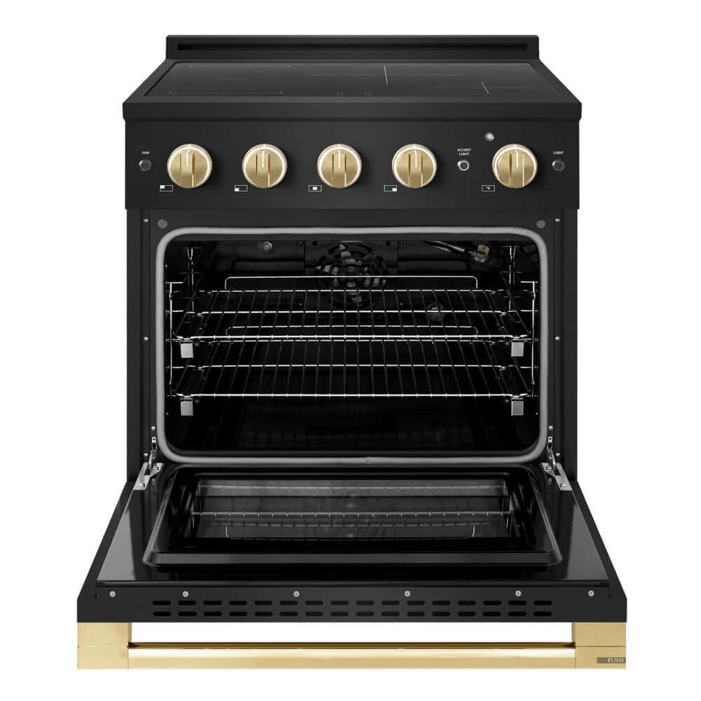 ZLINE Autograph Edition 30 in. 4.2 cu. ft. Marino Induction Range with 4 Element Cooktop and Electric Convection Oven in Black Stainless Steel with Polished Gold Accents (MINRBZ-30-G) front, oven open.