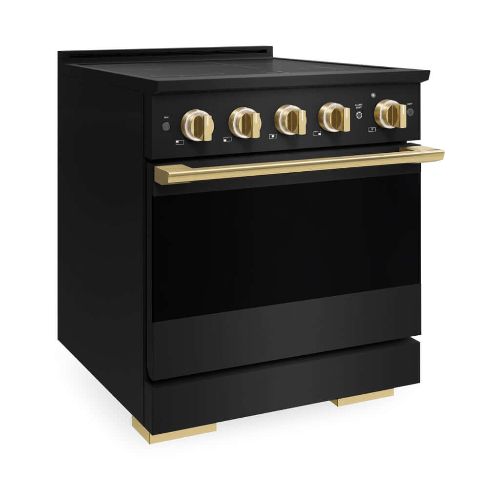 ZLINE Autograph Edition 30 in. 4.2 cu. ft. Marino Induction Range with 4 Element Cooktop and Electric Convection Oven in Black Stainless Steel with Polished Gold Accents (MINRBZ-30-G) side.