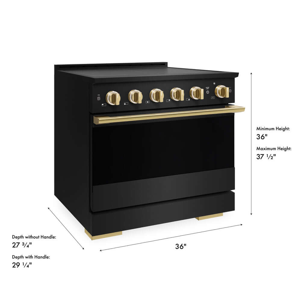 ZLINE Autograph Edition 36 in. 5.2 cu. ft. Marino Induction Range with 5 Element Cooktop and Electric Convection Oven in Black Stainless Steel with Polished Gold Accents (MINRBZ-36-G) with dimensions labeled.