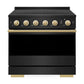 ZLINE Autograph Edition 36 in. 5.2 cu. ft. Marino Induction Range with 5 Element Cooktop and Electric Convection Oven in Black Stainless Steel with Polished Gold Accents (MINRBZ-36-G) front, oven closed.
