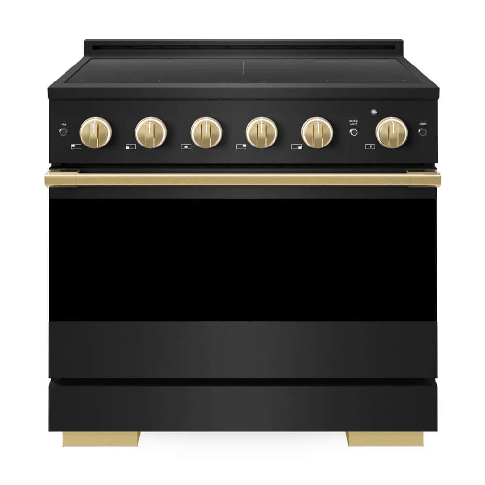 ZLINE Autograph Edition 36 in. 5.2 cu. ft. Marino Induction Range with 5 Element Cooktop and Electric Convection Oven in Black Stainless Steel with Polished Gold Accents (MINRBZ-36-G) front, oven closed.