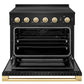 ZLINE Autograph Edition 36 in. 5.2 cu. ft. Marino Induction Range with 5 Element Cooktop and Electric Convection Oven in Black Stainless Steel with Polished Gold Accents (MINRBZ-36-G) front, oven open.