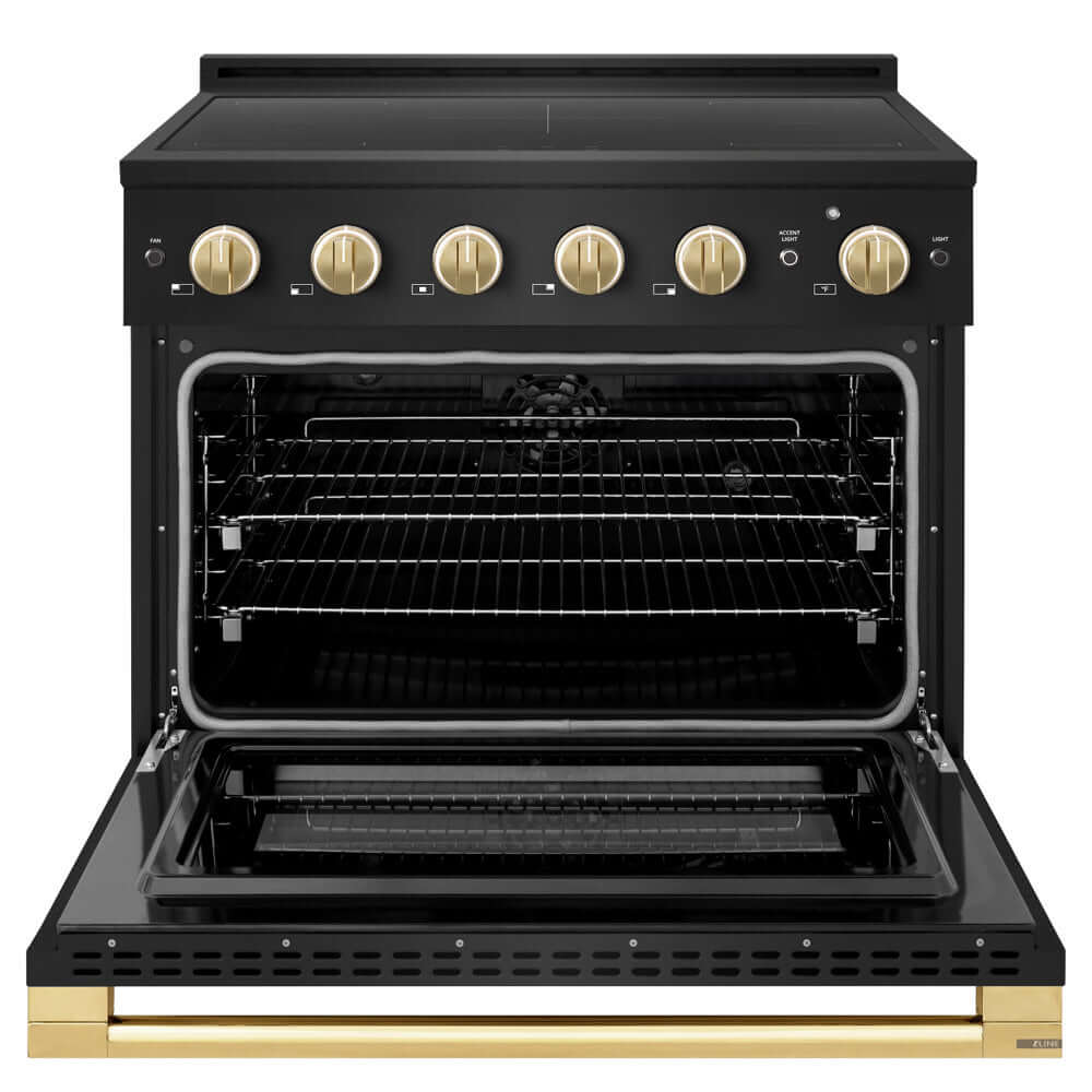 ZLINE Autograph Edition 36 in. 5.2 cu. ft. Marino Induction Range with 5 Element Cooktop and Electric Convection Oven in Black Stainless Steel with Polished Gold Accents (MINRBZ-36-G) front, oven open.