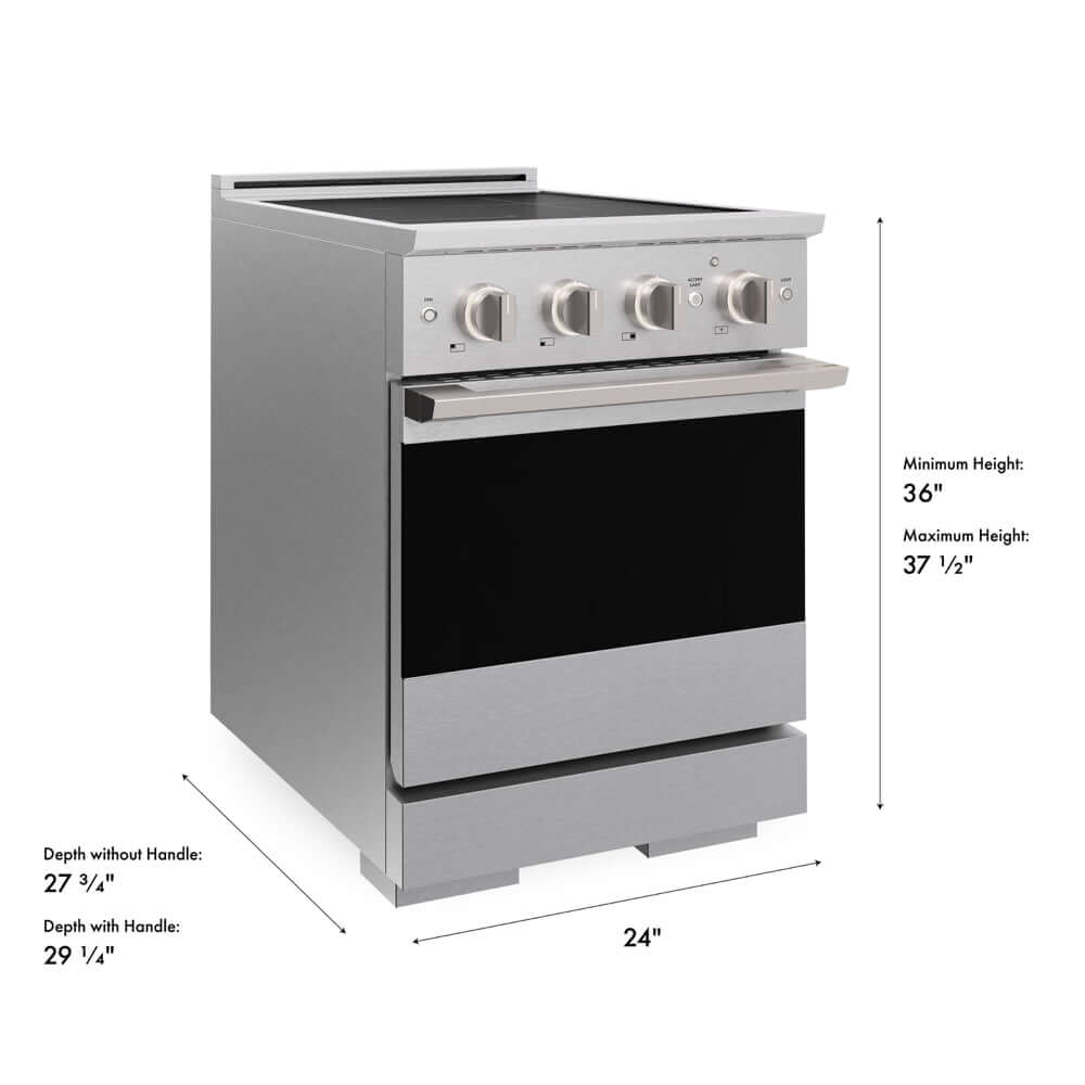 ZLINE 24 in. 3.2 cu. ft. Marino Induction Range with 3 Element Cooktop and Electric Convection Oven in Satin Stainless Steel (MINRS-24) with dimensions labeled.