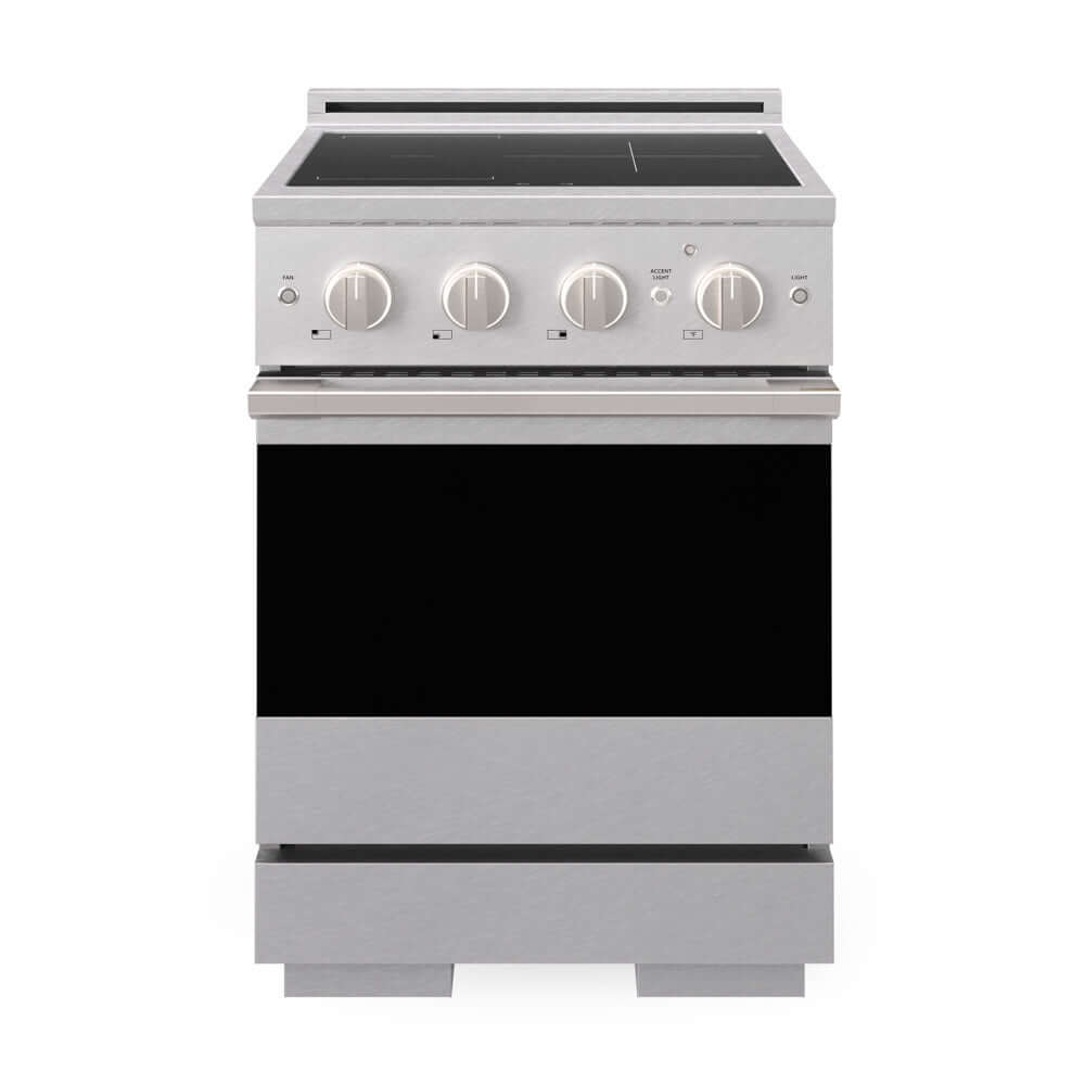 ZLINE 24 in. 3.2 cu. ft. Marino Induction Range with 3 Element Cooktop and Electric Convection Oven in Satin Stainless Steel (MINRS-24) front, oven closed.