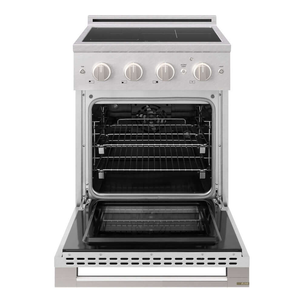 ZLINE 24 in. 3.2 cu. ft. Marino Induction Range with 3 Element Cooktop and Electric Convection Oven in Satin Stainless Steel (MINRS-24) front, oven open.