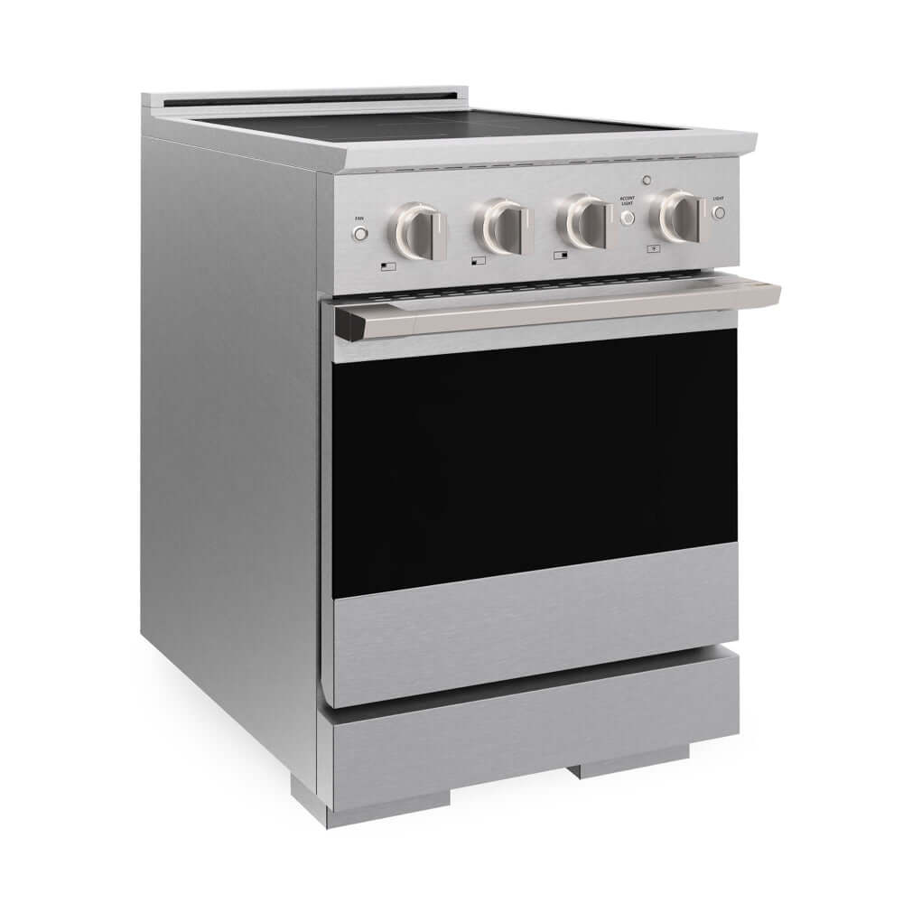 ZLINE 24 in. 3.2 cu. ft. Marino Induction Range with 3 Element Cooktop and Electric Convection Oven in Satin Stainless Steel (MINRS-24) side.