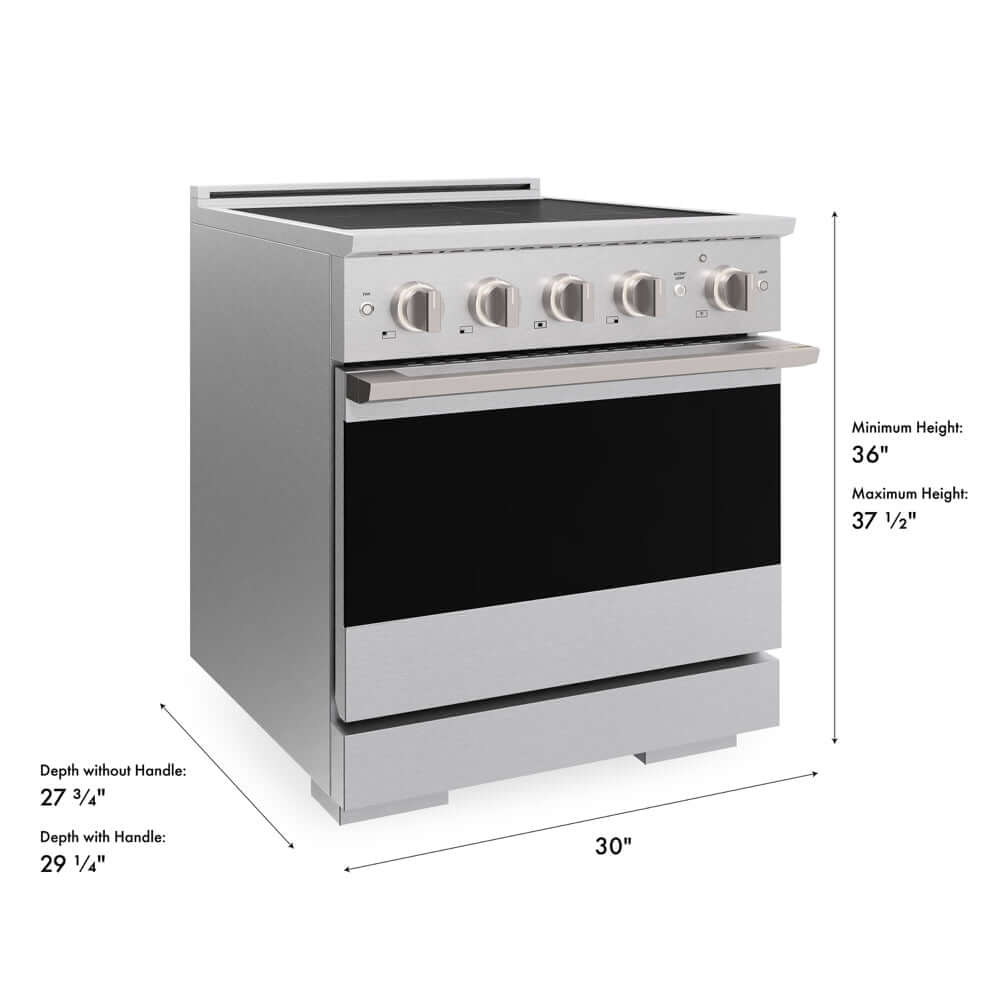 ZLINE 30 in. 4.2 cu. ft. Marino Induction Range with 4 Element Cooktop and Electric Convection Oven in Satin Stainless Steel (MINRS-30) with dimensions labeled.