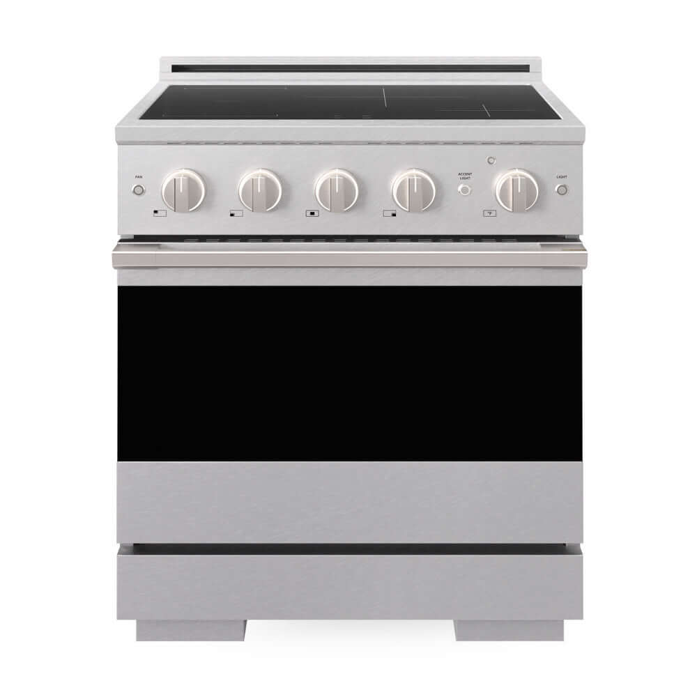 ZLINE 30 in. 4.2 cu. ft. Marino Induction Range with 4 Element Cooktop and Electric Convection Oven in Satin Stainless Steel (MINRS-30) front, oven closed.