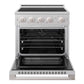 ZLINE 30 in. 4.2 cu. ft. Marino Induction Range with 4 Element Cooktop and Electric Convection Oven in Satin Stainless Steel (MINRS-30) front, oven open.