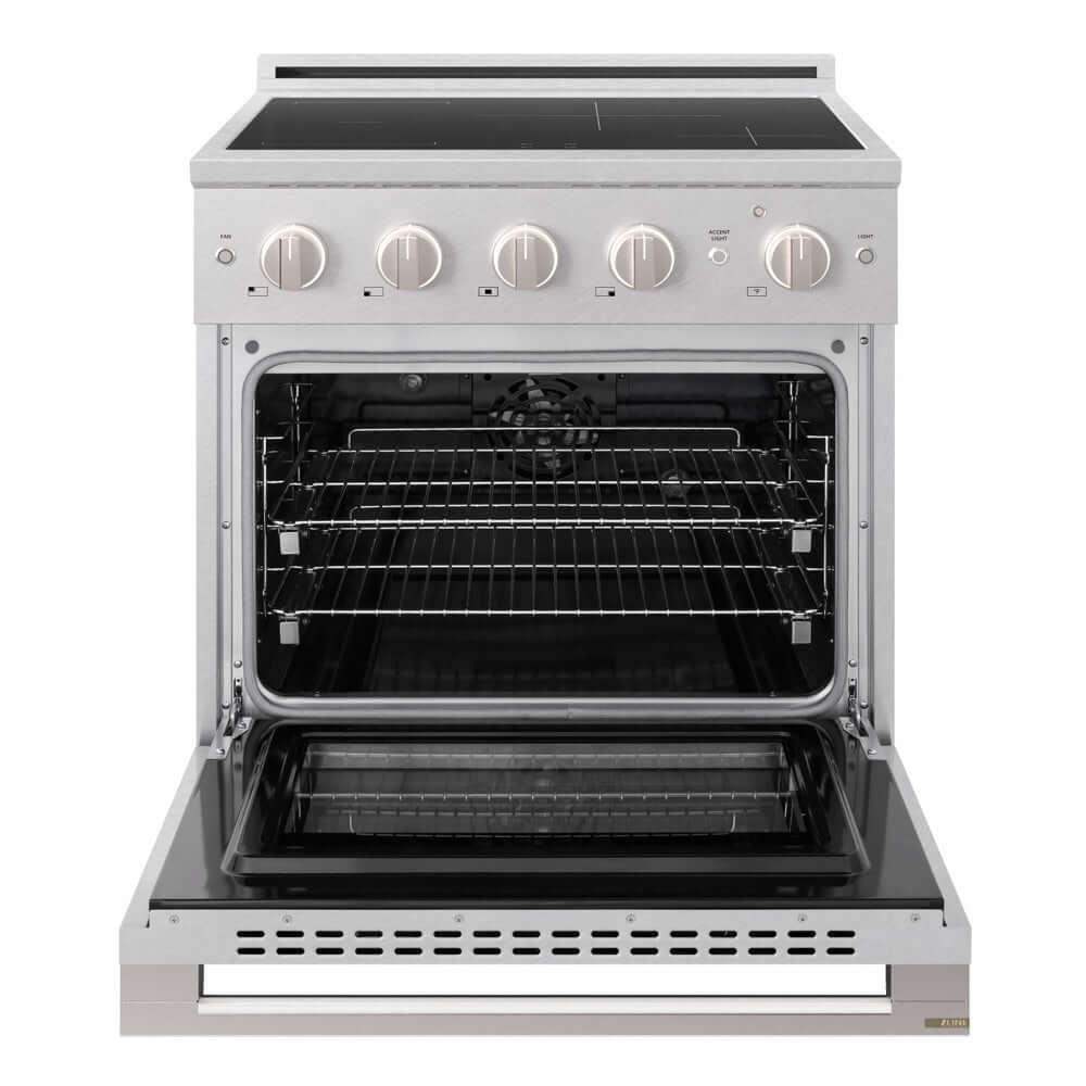 ZLINE 30 in. 4.2 cu. ft. Marino Induction Range with 4 Element Cooktop and Electric Convection Oven in Satin Stainless Steel (MINRS-30) front, oven open.