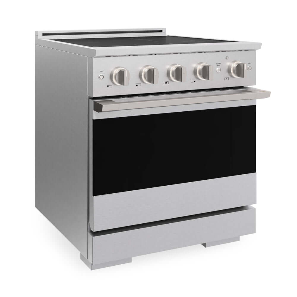 ZLINE 30 in. 4.2 cu. ft. Marino Induction Range with 4 Element Cooktop and Electric Convection Oven in Satin Stainless Steel (MINRS-30) side.