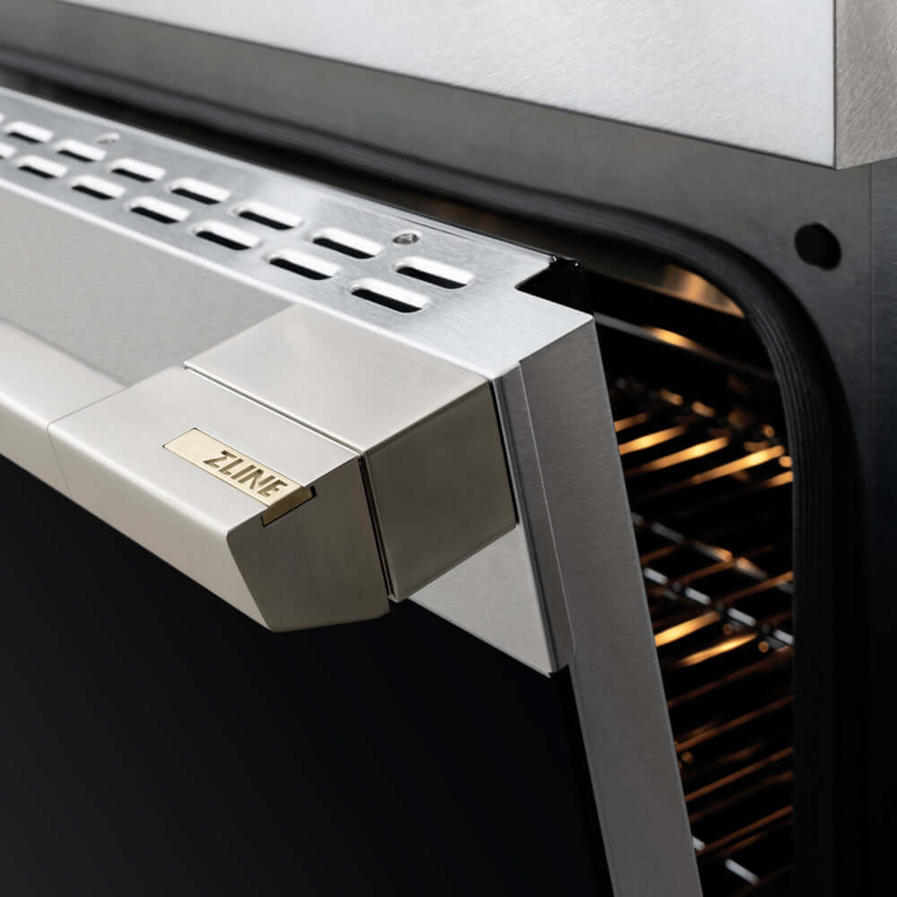 ZLINE 36 in. 5.2 cu. ft. Marino Induction Range with 5 Element Cooktop and Electric Convection Oven in Satin Stainless Steel (MINRS-36) close-up, oven door handle.