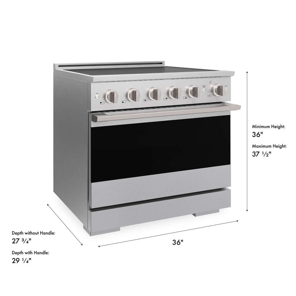 ZLINE 36 in. 5.2 cu. ft. Marino Induction Range with 5 Element Cooktop and Electric Convection Oven in Satin Stainless Steel (MINRS-36) with dimensions labeled.