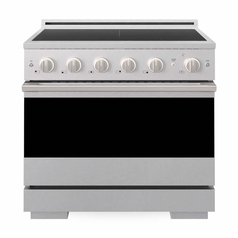 ZLINE 36 in. 5.2 cu. ft. Marino Induction Range with 5 Element Cooktop and Electric Convection Oven in Satin Stainless Steel (MINRS-36) front, oven closed.