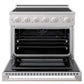 ZLINE 36 in. 5.2 cu. ft. Marino Induction Range with 5 Element Cooktop and Electric Convection Oven in Satin Stainless Steel (MINRS-36) front, oven open.