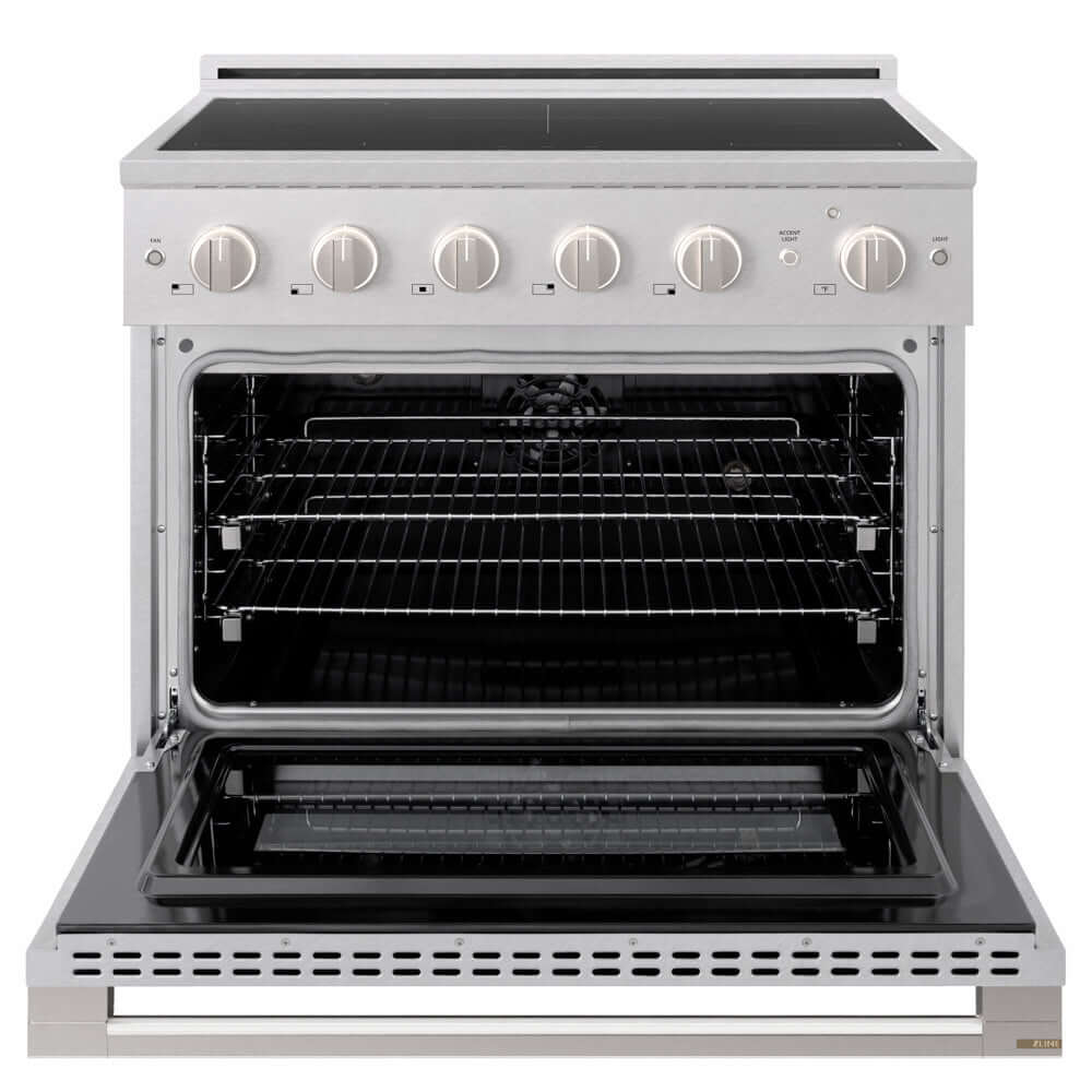 ZLINE 36 in. 5.2 cu. ft. Marino Induction Range with 5 Element Cooktop and Electric Convection Oven in Satin Stainless Steel (MINRS-36) front, oven open.