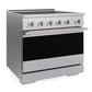 ZLINE 36 in. 5.2 cu. ft. Marino Induction Range with 5 Element Cooktop and Electric Convection Oven in Satin Stainless Steel (MINRS-36) side.
