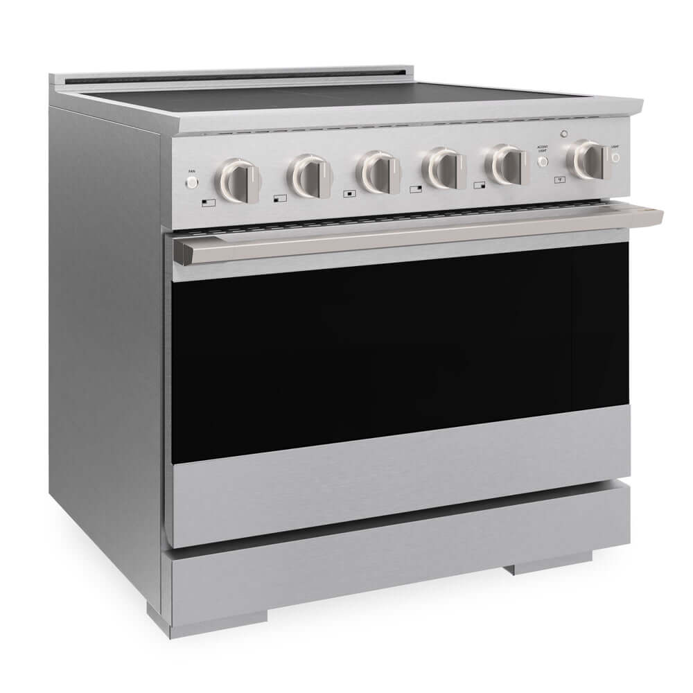 ZLINE 36 in. 5.2 cu. ft. Marino Induction Range with 5 Element Cooktop and Electric Convection Oven in Satin Stainless Steel (MINRS-36) side.