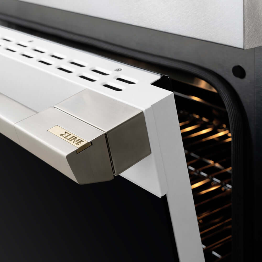 ZLINE 30 in. 4.2 cu. ft. Marino Induction Range with 4 Element Cooktop and Electric Convection Oven in Satin Stainless Steel with White Matte Door (MINRS-WM-30) close-up, oven door handle.
